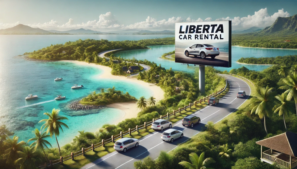 A scenic road in Mauritius with a rented car from Liberta Car Rental, showcasing the benefits of renting a car on the island.