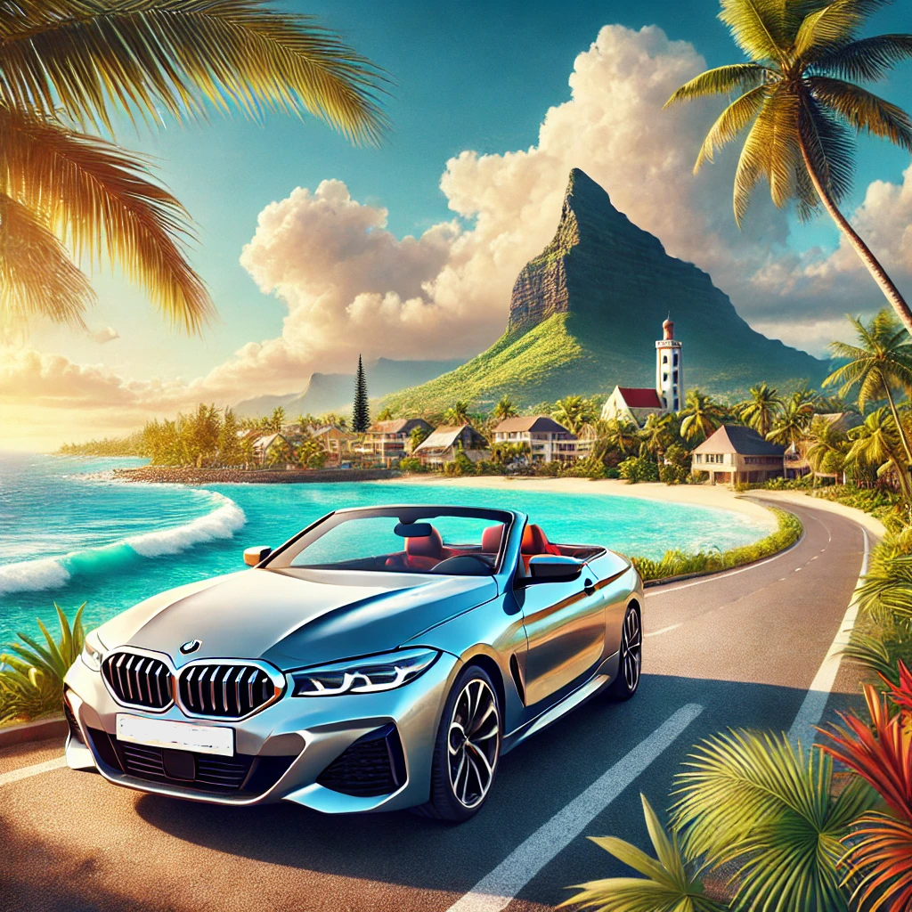 A scenic view of Mauritius featuring a sleek convertible car driving along a coastal road near palm trees and crystal-blue waters, with iconic landmarks like Le Morne Brabant in the background.