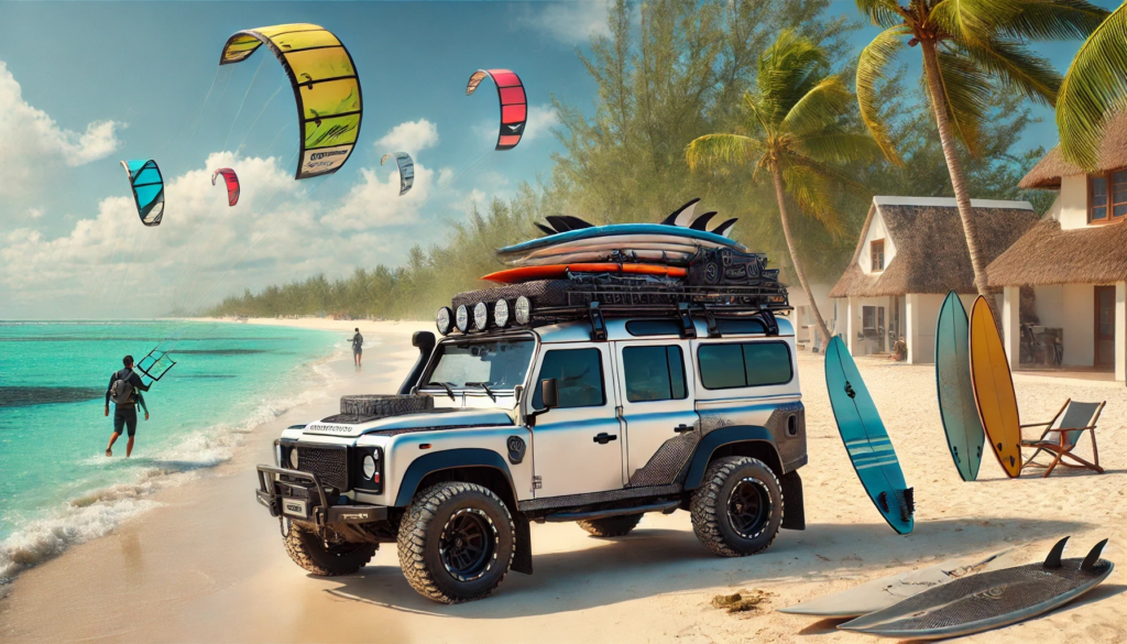 Large rental vehicles for kite surfers and surfers in Mauritius, parked near a beach