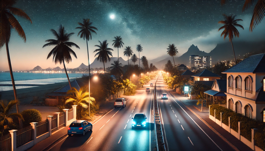 A car driving on a well-lit road in Mauritius at night, with headlights cutting through the dark and a backdrop of twinkling lights from nearby towns.