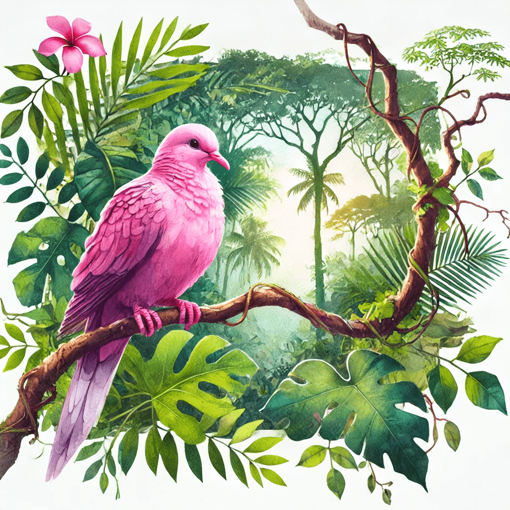 pink pigeon, native to Mauritius. The scene features the pink pigeon perched on a tree branch surrounded by lush tropical