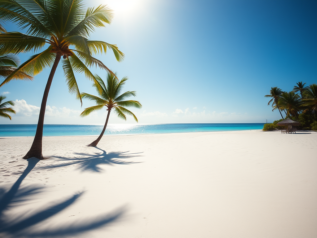 Pristine white sandy beach at Belle Mare, Mauritius, with turquoise waters and palm trees