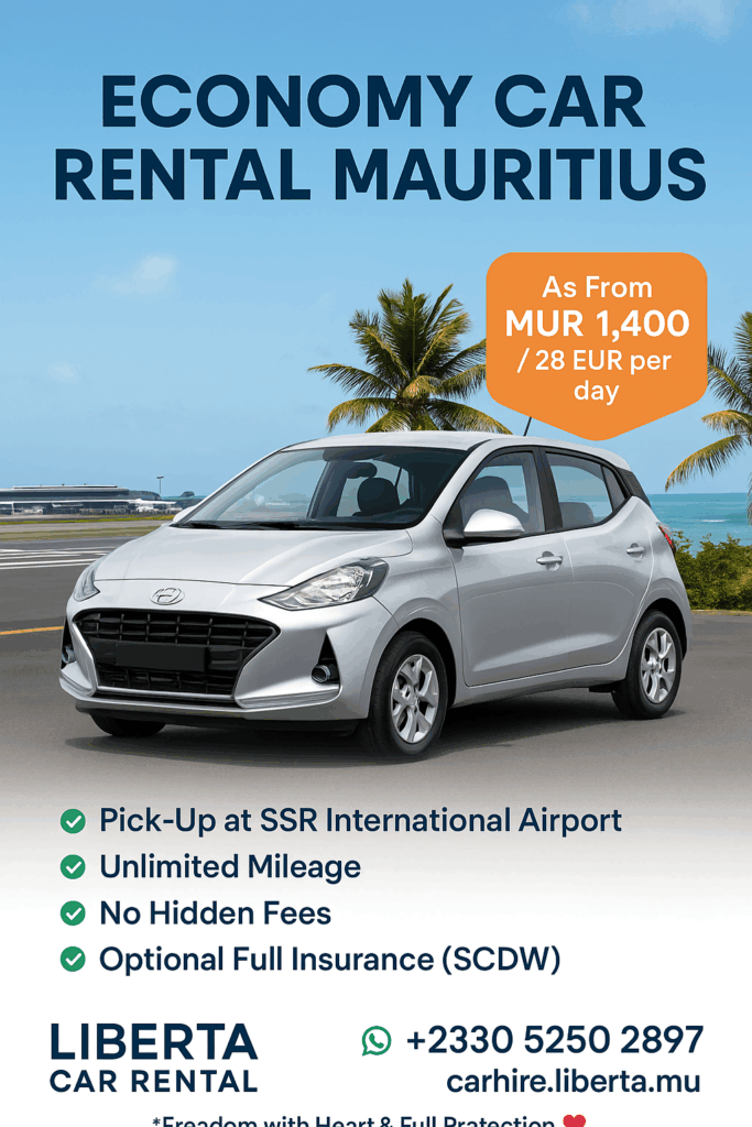 "Economy car rental at SSR Airport! π Rent the Hyundai Grand i10 Automatic from just MUR 1,400/day. Book now and explore Mauritius with peace of mind!"