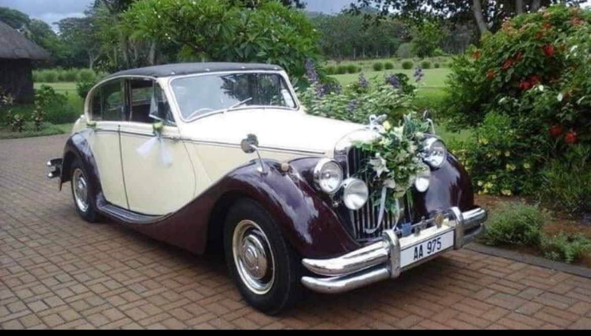 1951 Jaguar MK5 vintage wedding car, polished black with chrome details, parked for a wedding event
