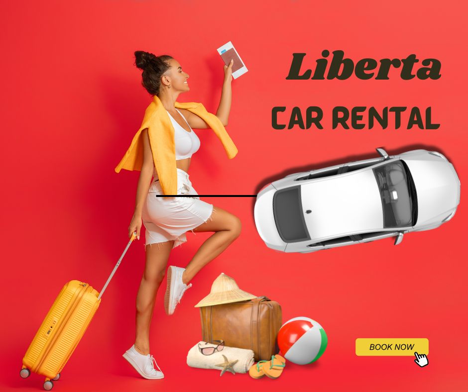 Smiling female traveler pulling a yellow suitcase on a red background, holding a smartphone and boarding pass beside a top-view white sedan, beach luggage, and the words “Liberta Car Rental – Book Now”.